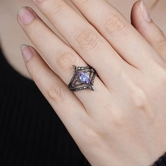 Marquise Cut Alexandrite Engagement Wedding Ring Set with Moissanite in Rhodium - Picture 5 of 7